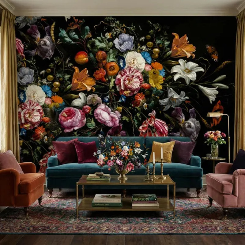 Dark botanical wallpaper feature wall in a styled room